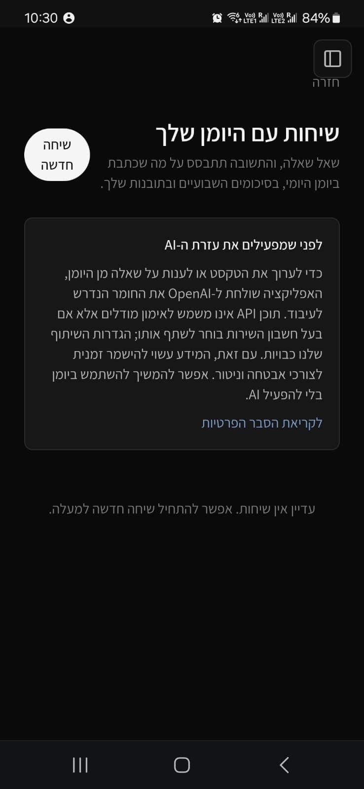 צילום מסך של מסך "שאל את היומן", עם ההסבר על שימוש ב-AI לפני התחלת שיחה