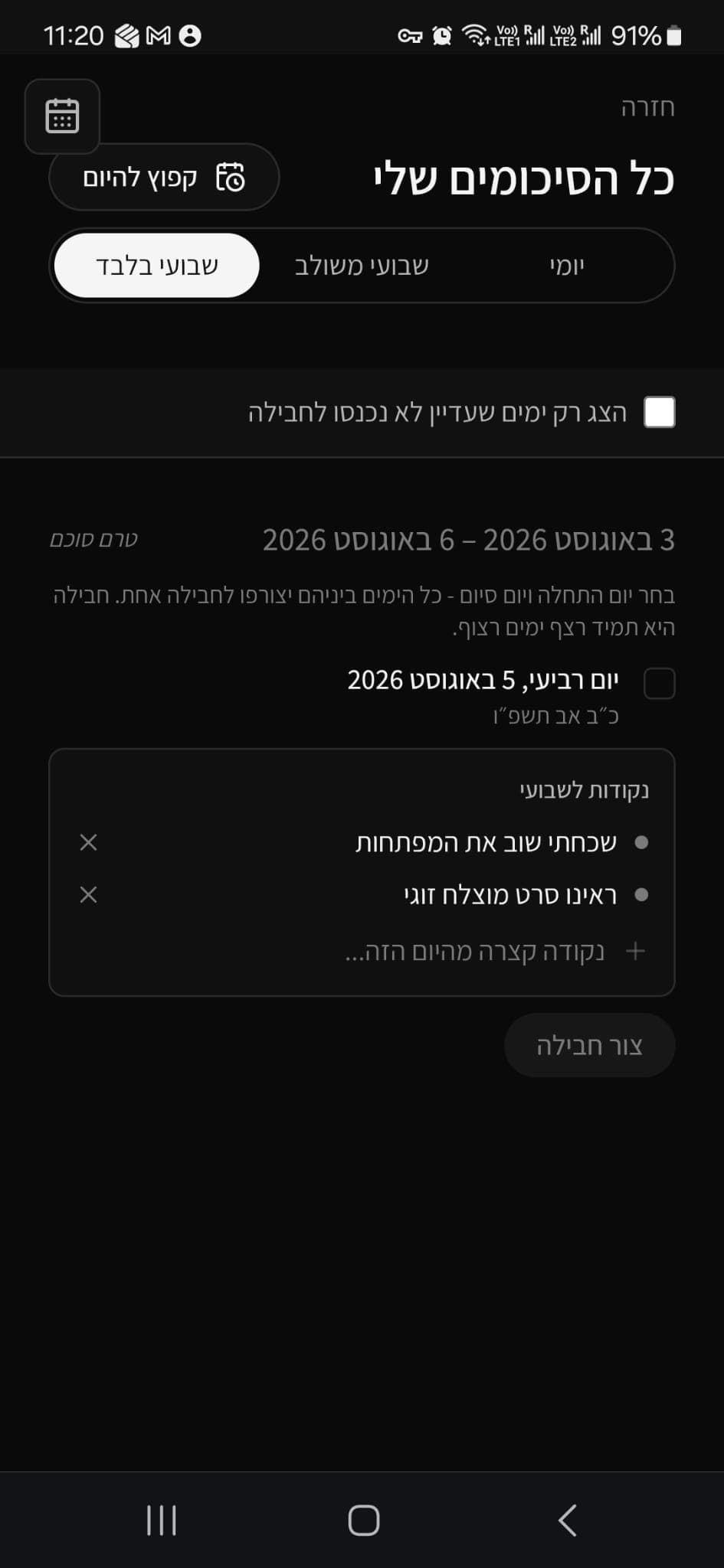 צילום מסך של תצוגת "שבועי בלבד" בהיסטוריה
